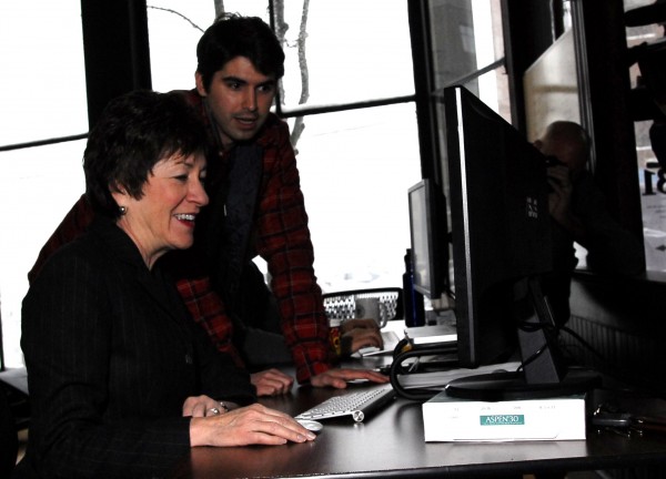 Charlie White of CashStar shows Sen. Susan Collins a project to incorporate digital gift-giving into a social media setting on Jan. 12, 2012. Charlie White of CashStar shows Sen. Susan Collins a project to incorporate digital gift-giving into a social media setting on Jan. 12, 2012.
