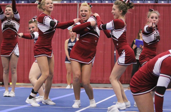 The Bangor High School cheerleading squad performs its routine during Regional Cheerleading Competition at the Augusta Civic Center on Saturday night. Bangor finished in second place with with 148.2 points to qualify for the state championship in Augusta on Feb. 11. The Bangor High School cheerleading squad performs its routine during Regional Cheerleading Competition at the Augusta Civic Center on Saturday night. Bangor finished in second place with with 148.2 points to qualify for the state championship in Augusta on Feb. 11.