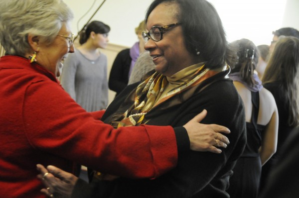 Phyllis Brazee (left), professor emerita of education at the University of Maine, greets Dr. Denise Patmon while gathering with others for the 16th annual Martin Luther King Jr. Breakfast at the University of Maine in Orono Monday, Jan. 16, 2012. Dr. Patmon is the director of the undergraduate teacher licensure program at UMass Boston and faculty advisor of the Boston Writing Project. Phyllis Brazee (left), professor emerita of education at the University of Maine, greets Dr. Denise Patmon while gathering with others for the 16th annual Martin Luther King Jr. Breakfast at the University of Maine in Orono Monday, Jan. 16, 2012. Dr. Patmon is the director of the undergraduate teacher licensure program at UMass Boston and faculty advisor of the Boston Writing Project.