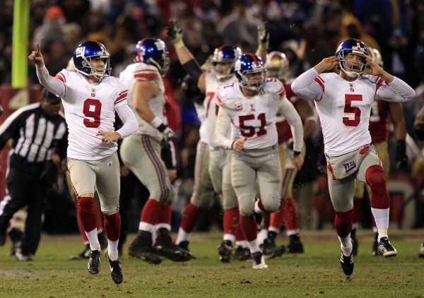 New York Giants kicker Lawrence Tynes (9) and punter Steve Weatherford (5) celebrate after Tynes kicked the game winning field goal during overtime of the NFC Championship NFL football game Sunday, Jan. 22, 2012, in San Francisco. The Giants won 20-17 to advance to Super Bowl XLVI. New York Giants kicker Lawrence Tynes (9) and punter Steve Weatherford (5) celebrate after Tynes kicked the game winning field goal during overtime of the NFC Championship NFL football game Sunday, Jan. 22, 2012, in San Francisco. The Giants won 20-17 to advance to Super Bowl XLVI.
