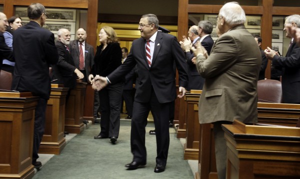Maine Gov. Paul LePage is welcomed by members of the Legislature before delivering his first State of the State address at the State House in Augusta on Tuesday, Jan. 24, 2012. Maine Gov. Paul LePage is welcomed by members of the Legislature before delivering his first State of the State address at the State House in Augusta on Tuesday, Jan. 24, 2012.