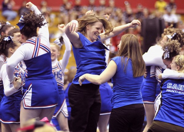The Class D Central Aroostook cheerleaders and coach Sami Jo Allen (center) celebrate their first place finish in competition Saturday, Jan. 28, 2012, at the Bangor Auditorium. The Class D Central Aroostook cheerleaders and coach Sami Jo Allen (center) celebrate their first place finish in competition Saturday, Jan. 28, 2012, at the Bangor Auditorium.