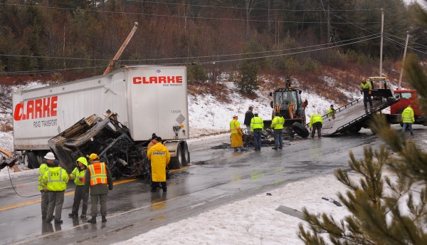 A tractor-trailer (left) and a Webber Energy Fuels propane tanker collided on Route 9 in Beddington on Wednesday. The drivers of both vehicles were taken to the hospital with minor injuries. The tractor caught on fire and was completely destoyed but the trailer was not burned. The propane tanker was not effected by the fire. The accident forced the closure of Route 9 for several hours. A tractor-trailer (left) and a Webber Energy Fuels propane tanker collided on Route 9 in Beddington on Wednesday. The drivers of both vehicles were taken to the hospital with minor injuries. The tractor caught on fire and was completely destoyed but the trailer was not burned. The propane tanker was not effected by the fire. The accident forced the closure of Route 9 for several hours.
