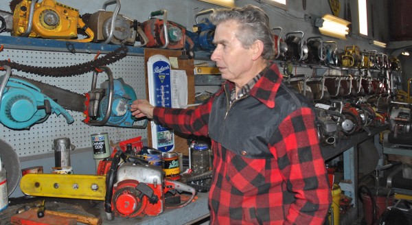 Louis Pelletier Jr. spends some time showing off his more than 350 chainsaws in his collection. A former chainsaw dealer and repairman, Pelletier can trace the evolution, history and modifications to just about every chainsaw make and model used in Maine woods. Louis Pelletier Jr. spends some time showing off his more than 350 chainsaws in his collection. A former chainsaw dealer and repairman, Pelletier can trace the evolution, history and modifications to just about every chainsaw make and model used in Maine woods.