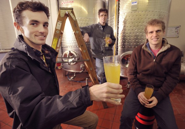 The Downeast Cider crew Tyler Mosher (left to right), Ben Manter and Ross Brockman in Waterville Wednesday, Feb. 8, 2012. The Downeast Cider crew Tyler Mosher (left to right), Ben Manter and Ross Brockman in Waterville Wednesday, Feb. 8, 2012.
