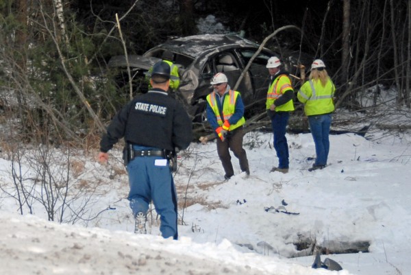 Workers mill around a wrecked Chevy Caprice that went off Interstate 95 near Edinburg around 11 a.m. Friday, Feb. 3, 2012. A Massachusetts man was flown by LifeFlight to a Bangor hospital after the accident. Workers mill around a wrecked Chevy Caprice that went off Interstate 95 near Edinburg around 11 a.m. Friday, Feb. 3, 2012. A Massachusetts man was flown by LifeFlight to a Bangor hospital after the accident.