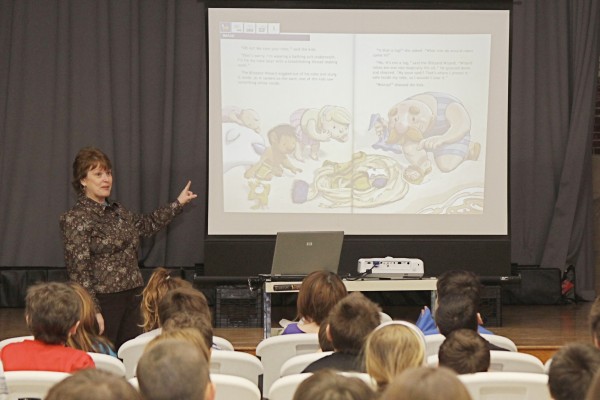 Maine author Lynn Plourde discusses one of her books during a Young Authors Day workshop held at Fairmount School in Bangor. Maine author Lynn Plourde discusses one of her books during a Young Authors Day workshop held at Fairmount School in Bangor.