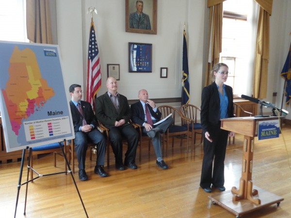 Anika James, a field associate for Environment Maine, announces the release of a report titled "In the Path of the Storm: Global Warming, Extreme Weather, and the Impacts of Weather-Related Disasters in the United States" Wednesday morning at Portland City Hall. Seated behind her are Red Cross Emergency Services Director Michael Mason, City Councilor David Marshall and Portland Mayor Michael Brennan. Anika James, a field associate for Environment Maine, announces the release of a report titled "In the Path of the Storm: Global Warming, Extreme Weather, and the Impacts of Weather-Related Disasters in the United States" Wednesday morning at Portland City Hall. Seated behind her are Red Cross Emergency Services Director Michael Mason, City Councilor David Marshall and Portland Mayor Michael Brennan.