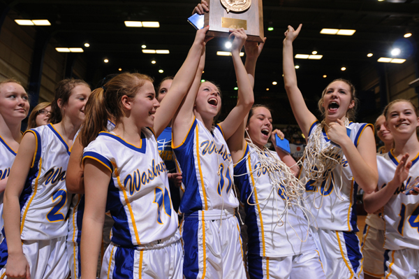 Washburn girls basketball team celebrates with their Eastem Maine Class D trophy at the Bangor Auditorium on Saturday, Feb. 25, 2012. Washburn girls basketball team celebrates with their Eastem Maine Class D trophy at the Bangor Auditorium on Saturday, Feb. 25, 2012.