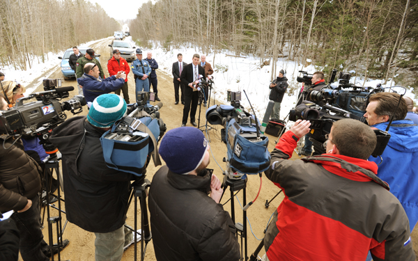 Maine State Police brief the press on the search and recovery of Jerry Perdomo's body by Maine State Police and game wardens on Wednesday, Feb. 29, 2012 about a half mile in the woods off Dahlia Farm Road in Newburgh. Maine State Police brief the press on the search and recovery of Jerry Perdomo's body by Maine State Police and game wardens on Wednesday, Feb. 29, 2012 about a half mile in the woods off Dahlia Farm Road in Newburgh.