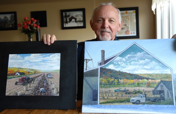 Reno Lagasse shows off two possible renditions of a proposed Fort Kent mural in honor of area farmers. The samples were provided by artist Darren Connors who has been selected to produce the final 35-by-15-foot mural on the old AD Soucy Farm Supply building on Market Street. Reno Lagasse shows off two possible renditions of a proposed Fort Kent mural in honor of area farmers. The samples were provided by artist Darren Connors who has been selected to produce the final 35-by-15-foot mural on the old AD Soucy Farm Supply building on Market Street.