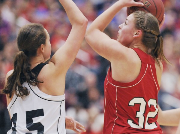 Central's Brianna Skolfield (32 ) pivots in the paint to put up a shot over Hall-Dale's Allison Crockett (15) in the first half of their State Class C championship game in Augusta, Maine Saturday, March 3, 2012.
Central's Brianna Skolfield (32 ) pivots in the paint to put up a shot over Hall-Dale's Allison Crockett (15) in the first half of their State Class C championship game in Augusta, Maine Saturday, March 3, 2012.