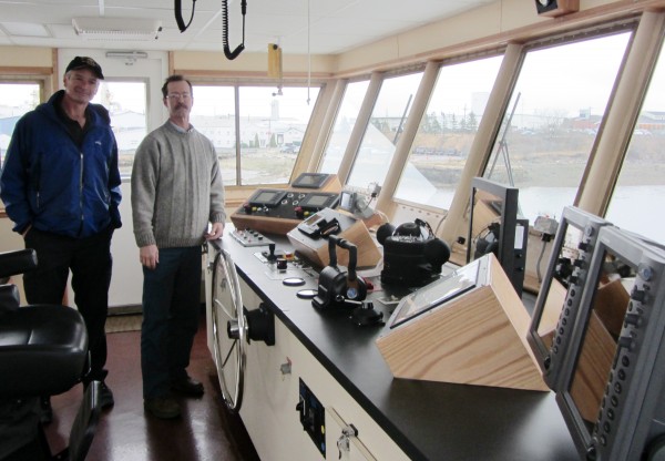 Maine State Ferry Service Manager James MacLeod (left) and Capt. Peter Drury stand in the pilot house aboard the E. Frank Thompson at the Rockland ferry terminal. Maine State Ferry Service Manager James MacLeod (left) and Capt. Peter Drury stand in the pilot house aboard the E. Frank Thompson at the Rockland ferry terminal.