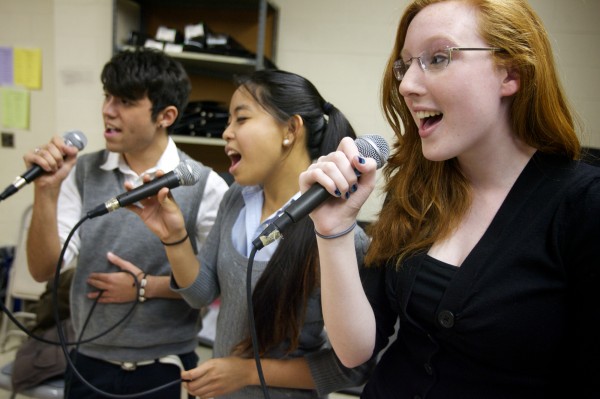 Erin Fitzpatrick (right), Sam SaVaun (center) and Jake Boyce rehearse with the Ceverus High School jazz choir Soulstice after school in Portland Monday, March 5, 2012. The group will perform at the Berklee College of Music High School Jazz Festival this weekend. ( Erin Fitzpatrick (right), Sam SaVaun (center) and Jake Boyce rehearse with the Ceverus High School jazz choir Soulstice after school in Portland Monday, March 5, 2012. The group will perform at the Berklee College of Music High School Jazz Festival this weekend. (
