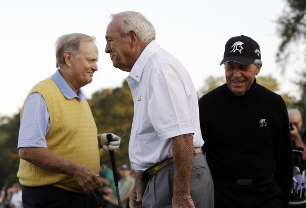 Honorary starters (from left) Jack Nicklaus, Arnold Palmer and Gary Player prepare to tee off on the first hole before the first round of the Masters golf tournament Thursday, April 5, 2012, in Augusta, Ga. Honorary starters (from left) Jack Nicklaus, Arnold Palmer and Gary Player prepare to tee off on the first hole before the first round of the Masters golf tournament Thursday, April 5, 2012, in Augusta, Ga.