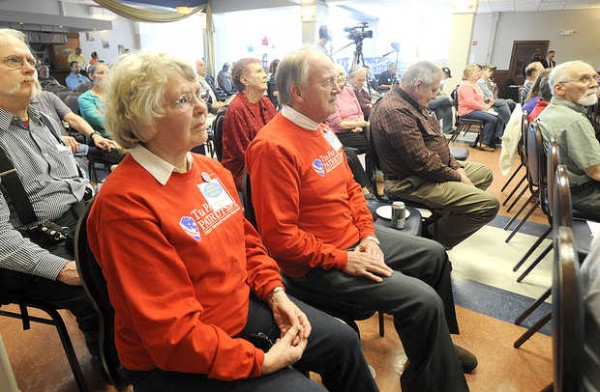 Judy Hurst (left) of Old Orchard with her husband, Wesley Hurst, listens to speakers at the Tax Day Rally held at the Franco-American Heritage Center in Lewiston on Sunday. The featured speaker for the event was Gov. Paul LePage. Judy Hurst (left) of Old Orchard with her husband, Wesley Hurst, listens to speakers at the Tax Day Rally held at the Franco-American Heritage Center in Lewiston on Sunday. The featured speaker for the event was Gov. Paul LePage.