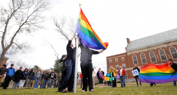 Rebecca Hickman (left) and Evan McDuff raise the Gay Pride flag in the front of the Fogler Library to mark the start of the annual Pride Week at the University of Maine. The events over the coming days are a celebration of gay, lesbian, bisexual and transgendered people. Rebecca Hickman (left) and Evan McDuff raise the Gay Pride flag in the front of the Fogler Library to mark the start of the annual Pride Week at the University of Maine. The events over the coming days are a celebration of gay, lesbian, bisexual and transgendered people.