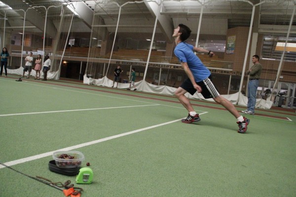 Trevor McDonald, a Bowdoin College freshman from Londonderry, Vt., tosses a grape into the air Friday at Farley Field House on the campus of the college in Brunswick. McDonald caught the grape in his mouth 39 feet away in hopes of setting a Guinness World Record. Trevor McDonald, a Bowdoin College freshman from Londonderry, Vt., tosses a grape into the air Friday at Farley Field House on the campus of the college in Brunswick. McDonald caught the grape in his mouth 39 feet away in hopes of setting a Guinness World Record.