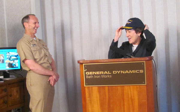 U.S. Sen. Susan Collins dons a cap bearing the name of the first next-generation destroyer, the future U.S.S. Zumwalt, at Bath Iron Works on Wednesday, April 4, 2012. Looking on is Chief of Naval Operations Adm. Jonathan Greenert, who toured some of the shipyard's facilities on Wednesday. U.S. Sen. Susan Collins dons a cap bearing the name of the first next-generation destroyer, the future U.S.S. Zumwalt, at Bath Iron Works on Wednesday, April 4, 2012. Looking on is Chief of Naval Operations Adm. Jonathan Greenert, who toured some of the shipyard's facilities on Wednesday.