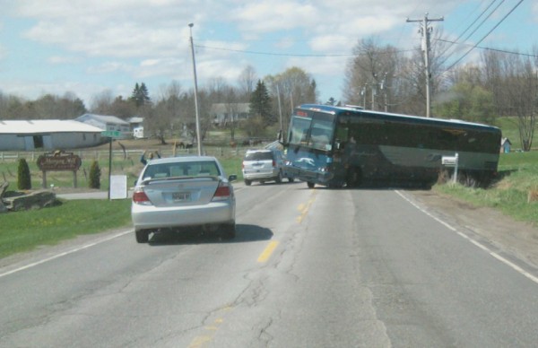 Greyhound bus driver, 26-year-old Jamal Hinson of New York City, was trying to get to Dysart's Truck Stop and Restaurant on Tuesday when he wound up in a ditch while trying to turn his bus around on U.S. Route 2. Greyhound bus driver, 26-year-old Jamal Hinson of New York City, was trying to get to Dysart's Truck Stop and Restaurant on Tuesday when he wound up in a ditch while trying to turn his bus around on U.S. Route 2.