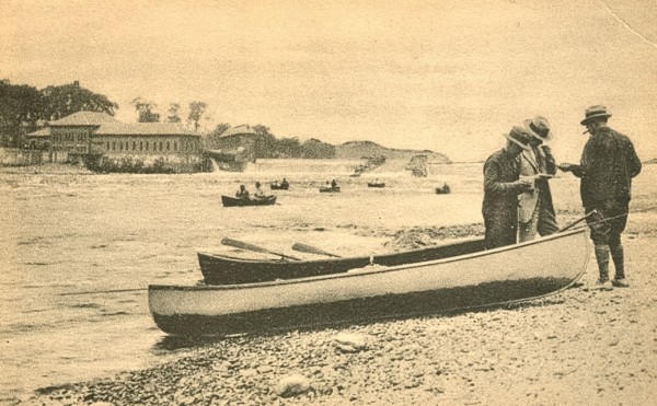Fishermen at the salmon pool as seen from the Brewer side of the Penobscot River, with the Bangor waterworks and dam in the background. Fishermen at the salmon pool as seen from the Brewer side of the Penobscot River, with the Bangor waterworks and dam in the background.