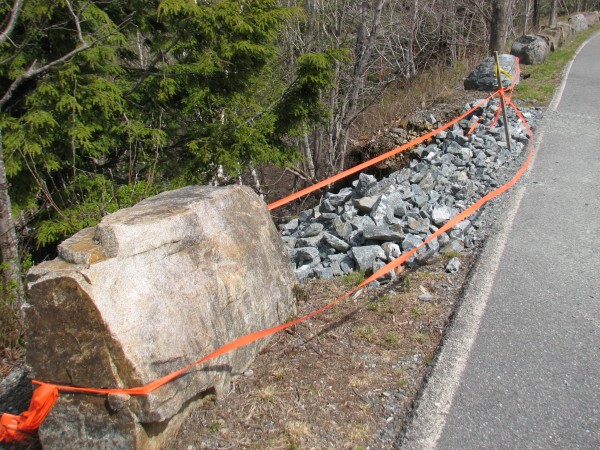 Orange tape marks the spot on Wednesday, April 25, 2012, where part of a roadside embankment along Duck Brook Road in Acadia National park fell away the previous week. Fixing the collapse could cost $52,000. Acadia officials said Wednesday, but the presence of a water main that serves downtown Bar Harbor in the embankment could complicate the project. The road where the collapse occurred is closed indefinitely to vehicular traffic. Orange tape marks the spot on Wednesday, April 25, 2012, where part of a roadside embankment along Duck Brook Road in Acadia National park fell away the previous week. Fixing the collapse could cost $52,000. Acadia officials said Wednesday, but the presence of a water main that serves downtown Bar Harbor in the embankment could complicate the project. The road where the collapse occurred is closed indefinitely to vehicular traffic.