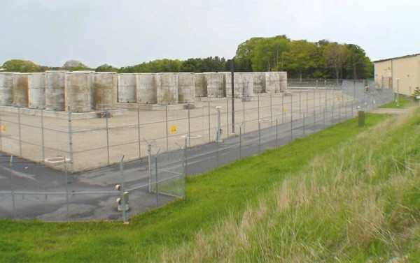 Some of the cylindrical steel-lined concrete containers that comprise the spent fuel storage facility at Maine Yankee in Wiscasset. Some of the cylindrical steel-lined concrete containers that comprise the spent fuel storage facility at Maine Yankee in Wiscasset.