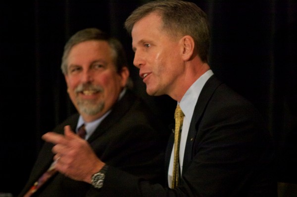 Republican Senate hopeful Charlie Summers gestures while speaking at a candidate forum in South Portland on Wednesday morning May 23, 2012 while fellow hopeful, Maine Attorney General Bill Schneider, smiles. Republican Senate hopeful Charlie Summers gestures while speaking at a candidate forum in South Portland on Wednesday morning May 23, 2012 while fellow hopeful, Maine Attorney General Bill Schneider, smiles.