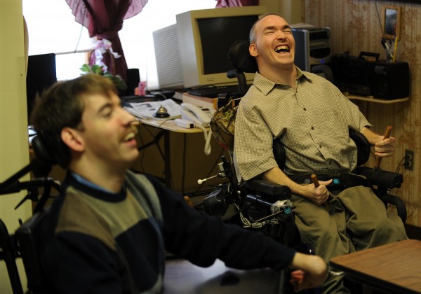 Eric Reeves (right) makes a joke during an interview at Penobscot Nursing Home. Reeves and fellow nursing home resident Jake Van Meter sued the state because their only living option was the nursing home. They both contended that living amidst people who are at the end stage of life is depressing for them. Eric Reeves (right) makes a joke during an interview at Penobscot Nursing Home. Reeves and fellow nursing home resident Jake Van Meter sued the state because their only living option was the nursing home. They both contended that living amidst people who are at the end stage of life is depressing for them.