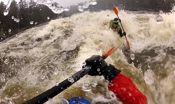A.Roy Curtis (right) and Gabor Degre negotiate the main drop of Upper Gordon Falls on the Mattawamkeag River on April 8th 2012. The river flow was 2800 cubic feet per second. BDN photo by Gabor Degre A.Roy Curtis (right) and Gabor Degre negotiate the main drop of Upper Gordon Falls on the Mattawamkeag River on April 8th 2012. The river flow was 2800 cubic feet per second. BDN photo by Gabor Degre