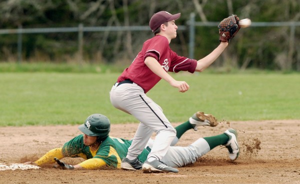 MDI's Cam Crawford (3) slides into second base ahead of the tag by Ellsworth's Brandon Braley (8) in the third inning at Bar Harbor Saturday afternoon, May 5, 2012. Ellsworth won 2-1. MDI's Cam Crawford (3) slides into second base ahead of the tag by Ellsworth's Brandon Braley (8) in the third inning at Bar Harbor Saturday afternoon, May 5, 2012. Ellsworth won 2-1.