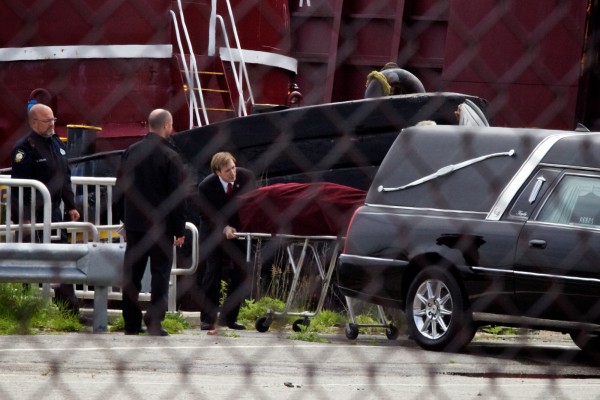 A body is loaded into a hearse Tuesday, May 22, 2012 at 12:45 p.m. at the Ocean Gateway Terminal in Portland. A body is loaded into a hearse Tuesday, May 22, 2012 at 12:45 p.m. at the Ocean Gateway Terminal in Portland.