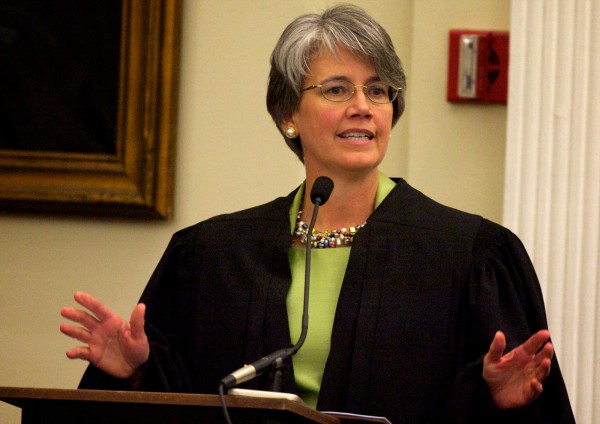 Newly sworn federal district judge Nancy Torresen speaks Thursday, May 3, 2012 in Portland during her investiture ceremony. Newly sworn federal district judge Nancy Torresen speaks Thursday, May 3, 2012 in Portland during her investiture ceremony.