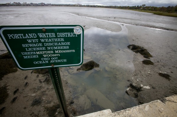 A sign announces combined sewer outflow pipe No. 7 on Baxter Boulevard in Portland. During heavy rain, untreated sewerage flows into Back Cove through the pipe. A sign announces combined sewer outflow pipe No. 7 on Baxter Boulevard in Portland. During heavy rain, untreated sewerage flows into Back Cove through the pipe.
