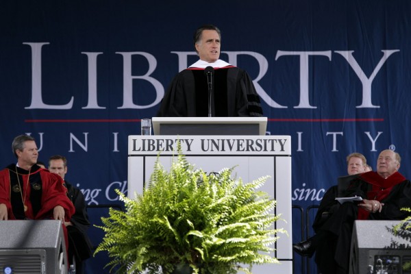 Republican presidential candidate, former Massachusetts Gov. Mitt Romney delivers the commencement address at the Liberty University in Lynchburg, Va, Saturday, May 12, 2012. Republican presidential candidate, former Massachusetts Gov. Mitt Romney delivers the commencement address at the Liberty University in Lynchburg, Va, Saturday, May 12, 2012.