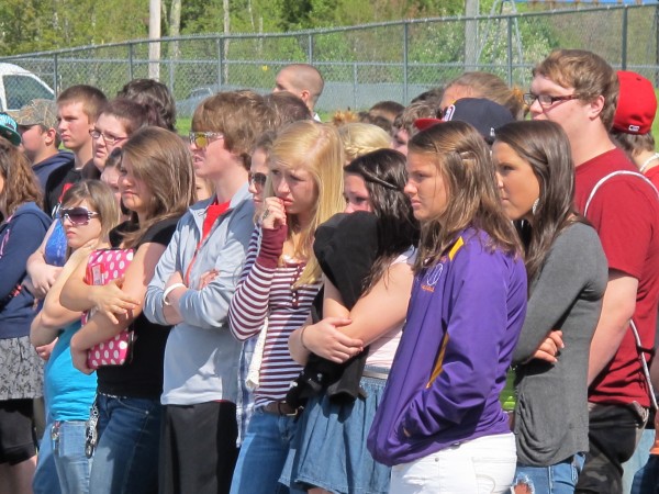 A group of Bucksport High School students react while watching emergency crews respond to a mock fatal accident staged behind their school on Thursday, May 17, 2012. Students played the parts of the injured and deceased victims during the daylong event, which is intended to make students aware of the consequences of impaired, distracted or reckless driving. A group of Bucksport High School students react while watching emergency crews respond to a mock fatal accident staged behind their school on Thursday, May 17, 2012. Students played the parts of the injured and deceased victims during the daylong event, which is intended to make students aware of the consequences of impaired, distracted or reckless driving.