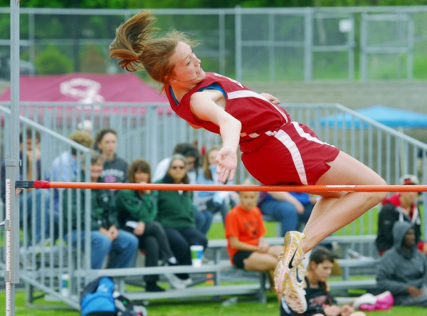 Mary Butler of Bangor clears 4 feet 6 inches in the high jump event at the 2012 PVC Large School Championship Meet in Brewer Friday. Mary Butler of Bangor clears 4 feet 6 inches in the high jump event at the 2012 PVC Large School Championship Meet in Brewer Friday.