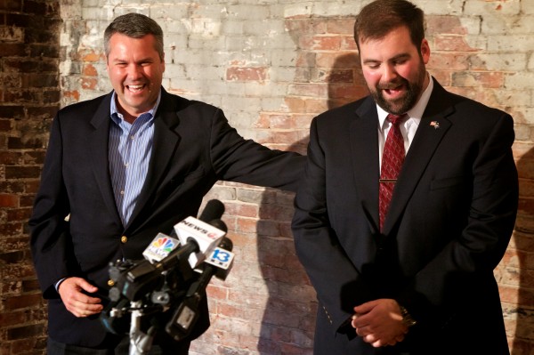 Republican U.S. House nominee Jon Courtney thanks Patrick Calder after Calder conceded defeat and pledged his support for Courtney on Wednesday. Republican U.S. House nominee Jon Courtney thanks Patrick Calder after Calder conceded defeat and pledged his support for Courtney on Wednesday.
