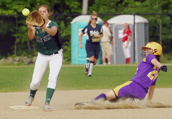 Alexi Deering of Spruce Mountain High School takes the throw as Bailey Blair of Bucksport High School is out at second in the eighth inning Thursday, June 20, 2012, during the Class C and D All-Star game at Cony High School in Augusta. Alexi Deering of Spruce Mountain High School takes the throw as Bailey Blair of Bucksport High School is out at second in the eighth inning Thursday, June 20, 2012, during the Class C and D All-Star game at Cony High School in Augusta.