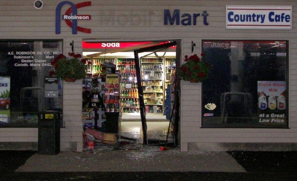 The storefront damage made during the break-in at the A.E. Robinson store in Corinth on Friday, June 22, 2012. The storefront damage made during the break-in at the A.E. Robinson store in Corinth on Friday, June 22, 2012.
