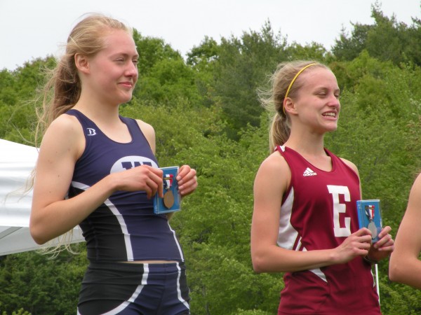 Bethanie Brown (left) of Waterville High School and Aleta Looker of Ellsworth display their medals following the girls 1,600-meter run at the Class B track and field state championship meet at Mount Desert Island High School in Bar Harbor on Saturday, June 2, 2012. Brown won with a state girls B record time of 4 minutes, 55.23 seconds. Looker was runner-up in 5:08.45. Bethanie Brown (left) of Waterville High School and Aleta Looker of Ellsworth display their medals following the girls 1,600-meter run at the Class B track and field state championship meet at Mount Desert Island High School in Bar Harbor on Saturday, June 2, 2012. Brown won with a state girls B record time of 4 minutes, 55.23 seconds. Looker was runner-up in 5:08.45.