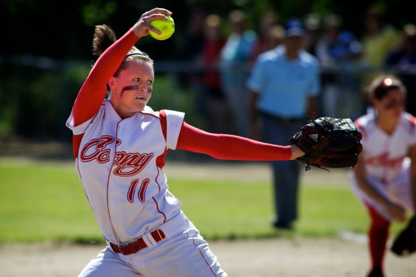 Cony High School junior Sonja Morse delivers a pitch Saturday, June 16, 2012 in Standish at the State Class A Softball Championship Game. Cony High School junior Sonja Morse delivers a pitch Saturday, June 16, 2012 in Standish at the State Class A Softball Championship Game.