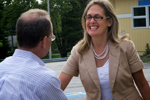 Democratic U.S. Senate primary candidate Cynthia Dill greets voters at the polls outside the Msgr. P.J. Hanagan Parish Center on Ocean Avenue in Portland on Tuesday, June 12, 2012. Democratic U.S. Senate primary candidate Cynthia Dill greets voters at the polls outside the Msgr. P.J. Hanagan Parish Center on Ocean Avenue in Portland on Tuesday, June 12, 2012.