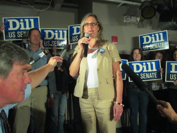 Maine Sen. Cynthia Dill claims victory in the race for the Democratic nomination to run for the U.S. Senate on Tuesday, June 12, 2012, at a Democratic "Victory Party" at Bayside Bowl in Portland. Maine Sen. Cynthia Dill claims victory in the race for the Democratic nomination to run for the U.S. Senate on Tuesday, June 12, 2012, at a Democratic "Victory Party" at Bayside Bowl in Portland.