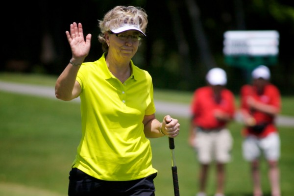 LPGA Legends Tour golfer Sherri Turner acknowledges applause at the Hannaford Community Challenge Tournament in Falmouth Sunday, June 24, 2012. Turner won, coming in six under par. LPGA Legends Tour golfer Sherri Turner acknowledges applause at the Hannaford Community Challenge Tournament in Falmouth Sunday, June 24, 2012. Turner won, coming in six under par.