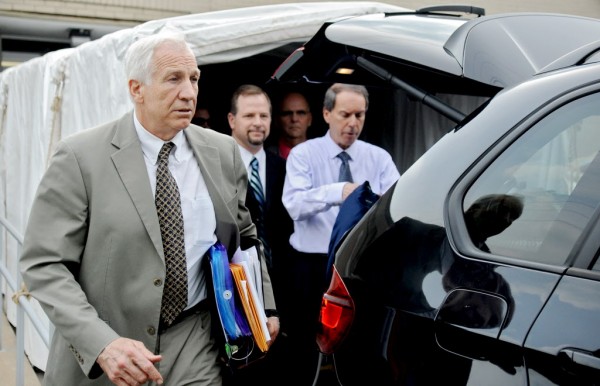 Former Penn State University assistant football coach Jerry Sandusky walks out of Centre County Courthouse after the first day of trial, in Bellefonte, Pa., Monday, June 11, 2012. Sandusky is accused of 52 counts of child sexual abuse involving 10 boys over a period of 15 years. Former Penn State University assistant football coach Jerry Sandusky walks out of Centre County Courthouse after the first day of trial, in Bellefonte, Pa., Monday, June 11, 2012. Sandusky is accused of 52 counts of child sexual abuse involving 10 boys over a period of 15 years.