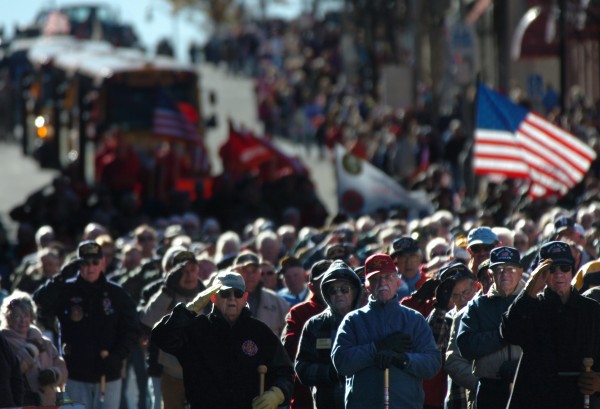 As the national anthem was played, Maine's World War II veterans and other members of the military and public safety community joined thousands of spectators as they saluted the U.S. flag during the 2010 Brewer-Bangor Veterans Day Parade. As the national anthem was played, Maine's World War II veterans and other members of the military and public safety community joined thousands of spectators as they saluted the U.S. flag during the 2010 Brewer-Bangor Veterans Day Parade.
