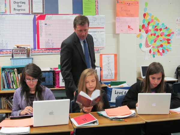 Maine Education Commissioner Stephen Bowen observes sixth-graders at Gray-New Gloucester Middle School on Friday, June 1, 2012. Bowen visited the school because it is among the state's leaders in implementing proficiency-based learning strategies. Maine Education Commissioner Stephen Bowen observes sixth-graders at Gray-New Gloucester Middle School on Friday, June 1, 2012. Bowen visited the school because it is among the state's leaders in implementing proficiency-based learning strategies.