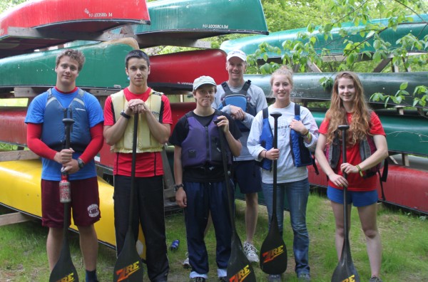 Orono High School sophomore Calum Hamilton (from left), junior Billy DeSisto, senior Laurie Hamilton and sophomores Samantha Nadeau and Kailey Schmidt stand in front of canoeing instructor Jeff Owen after paddling on Penobscot River in Orono on Tuesday, June 5, 2012. The group, all members of Orono High School's GoActive outing club, had been practicing for the American Canoe Associations 2012 Downriver Open Canoe National Championships scheduled for June 18-22. Orono High School sophomore Calum Hamilton (from left), junior Billy DeSisto, senior Laurie Hamilton and sophomores Samantha Nadeau and Kailey Schmidt stand in front of canoeing instructor Jeff Owen after paddling on Penobscot River in Orono on Tuesday, June 5, 2012. The group, all members of Orono High School's GoActive outing club, had been practicing for the American Canoe Associations 2012 Downriver Open Canoe National Championships scheduled for June 18-22.