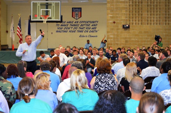 Gov. Paul LePage speaks to a crowd of students at Penobscot Job Corps Academy in Bangor on Friday, June 22, 2012. LePage also toured the facility and had lunch with the students. Gov. Paul LePage speaks to a crowd of students at Penobscot Job Corps Academy in Bangor on Friday, June 22, 2012. LePage also toured the facility and had lunch with the students.